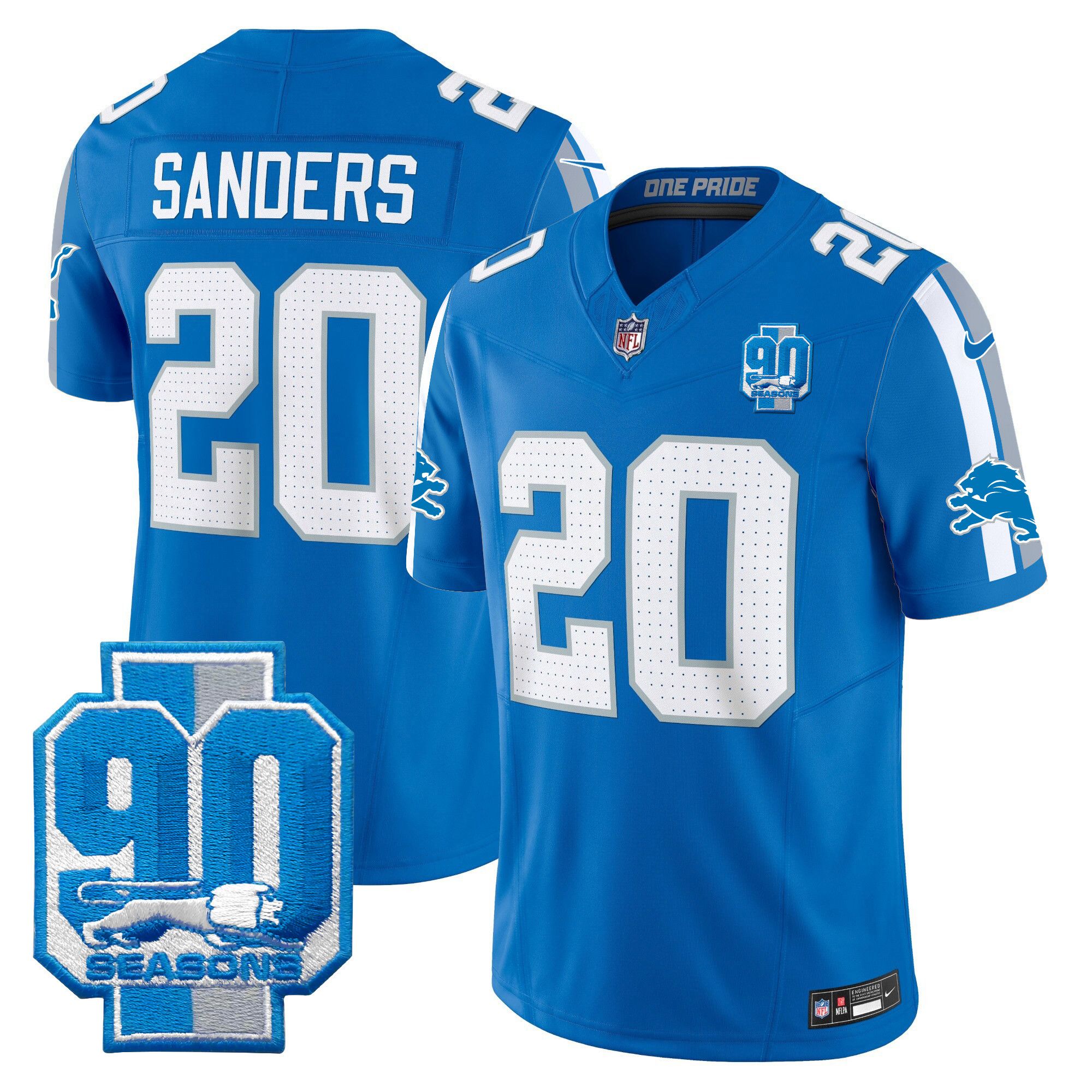 Men Detroit Lions #20 Sanders Blue 2024 Nike 90th Year Patch Vapor Limited NFL Jersey